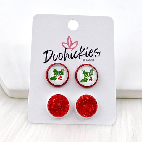 12mm Mistletoe & Red Crystals in Red/White Settings -Christmas Studs