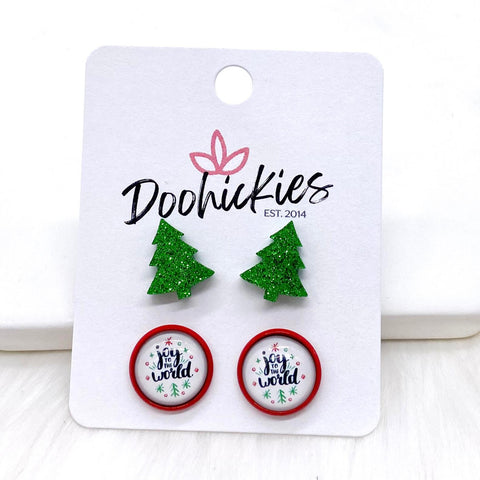 12mm Christmas Trees & Joy to the World in Red Settings -Christmas Studs