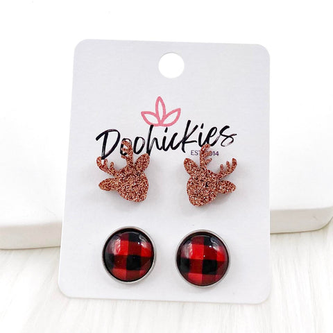 12mm Reindeer & Red Buffalo Plaid in Stainless Steel Settings -Christmas Studs