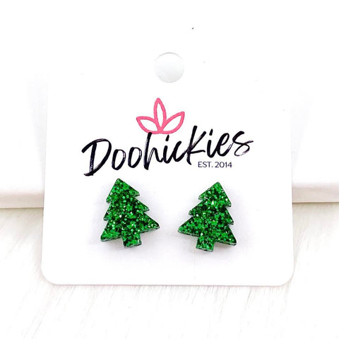 15mm Evergreen Glitter Christmas Tree Studs -Earrings