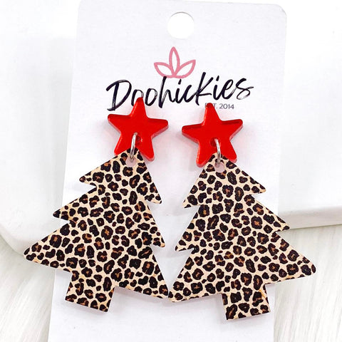 2" Red Star & Leopard Acrylic Tree Dangles -Christmas Earrings