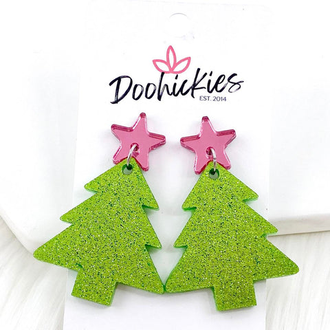 2" Pink Star & Glittery Green Tree Dangles - Christmas Acrylics