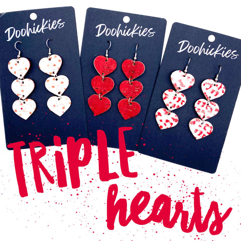 Triple Corkie Heart Drops -Valentine's Earrings
