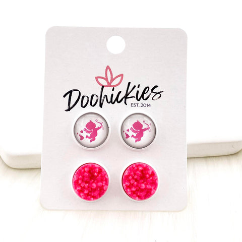 12mm Pink Valentine Cupid & Hot Pink Crystals in White Settings