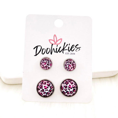 Pink Ombre Leopard Mommy and Me in Stainless Steel Settings -Earrings