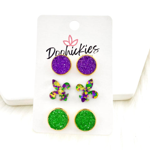 12mm Purple/Fleur de Lis/Green Sparkles in Gold Settings -Mardi Gras Earrings