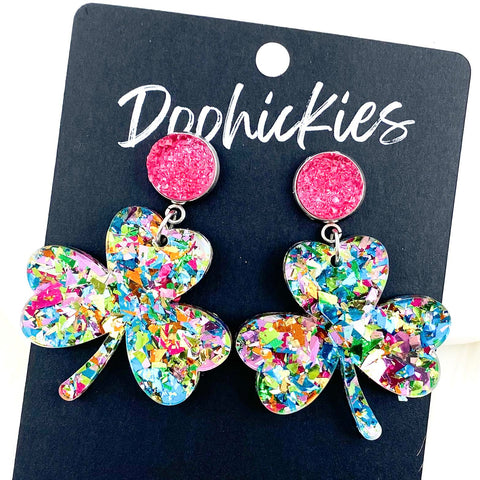 2" Hot Pink & Teal Party Glitter Shamrock Dangles -St. Paddy Acrylic Earrings