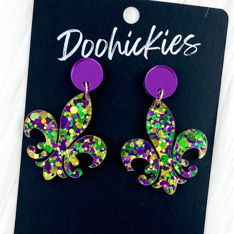 2" Purple Mirror & Fleur de Lis Acrylic Dangles -Mardi Gras Earrings