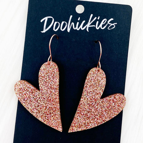2.25" Rose Gold Glitter Leaning Hearts -Valentine Acrylic Earrings
