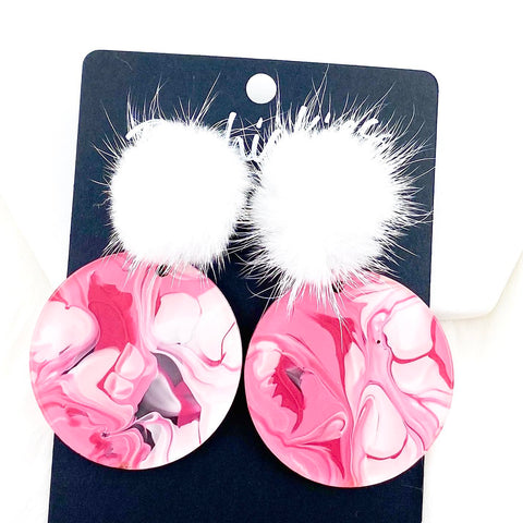 2" White Pom & Pink Marble Piggy Dangles -Valentine's Acrylic Earrings