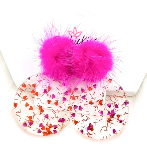 2" Hot Pink Puff & Love Heart Confetti Piggy Dangles -Valentine's Acrylic Earrings