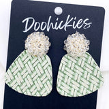 2" Crystal Pom & Metallic Green Basketweave Jasmine Dangles - St. Paddy Earrings