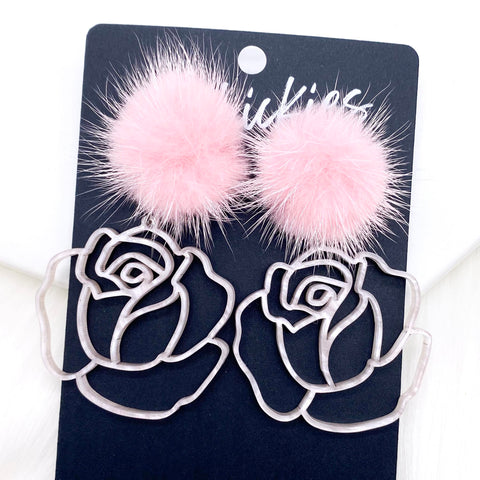 2.5" Pink Puff & Cutout Rose Dangle -Valentine's Acrylic Earrings