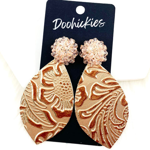 3" Rose Crystal Pom & Rose Embossed Leaf Dangles -Western Earrings