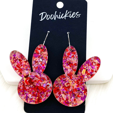 2.5" Pink & Red Party Glitter Bunny Heads -Easter Earrings