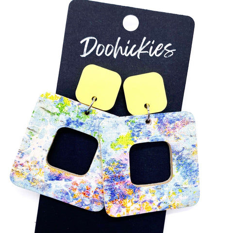 2" Pastel Yellow & Spring Watercolor Cubie Dangles -Spring Cork Earrings