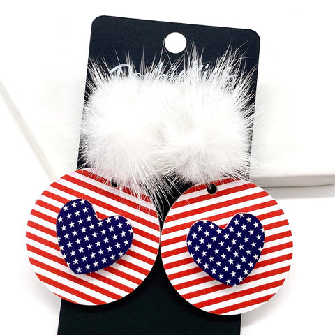 2" White Puff & 3-D Stars & Stripes Love Piggy Dangles- Patriotic Earrings