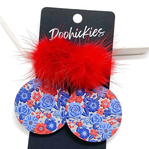 2" Red Puff & American Wildflower Piggy Dangles- Patriotic Earrings
