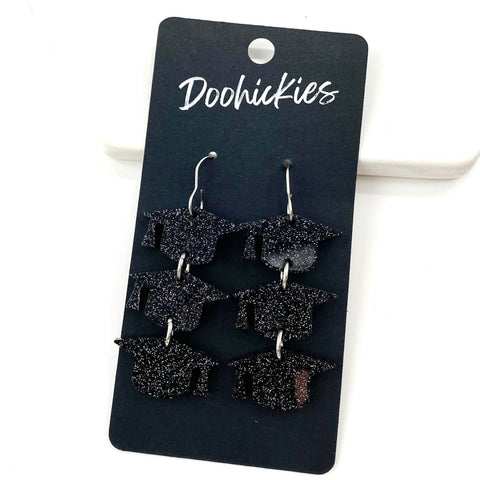 2" Black Glitter Grad Cap Dangle Drops- Graduation Earrings