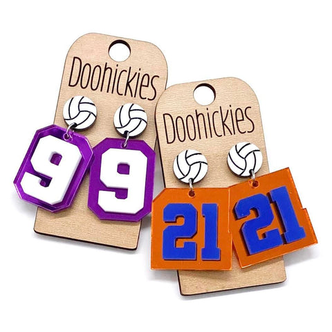 2" Layered Varsity Number Volleyball Dangles - Sports Earrings