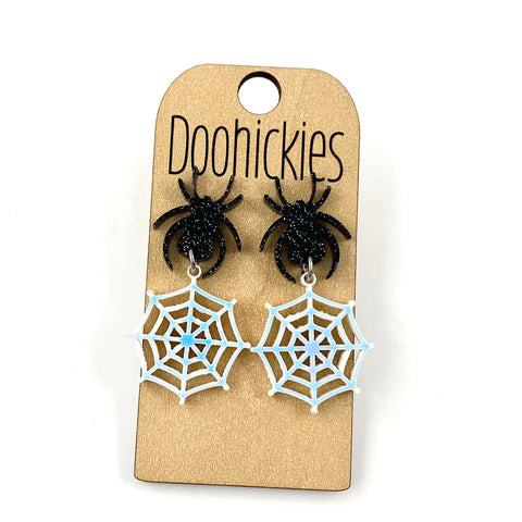 1.75" Glittery Spider and Iridescent Web Acrylics - Halloween Earrings