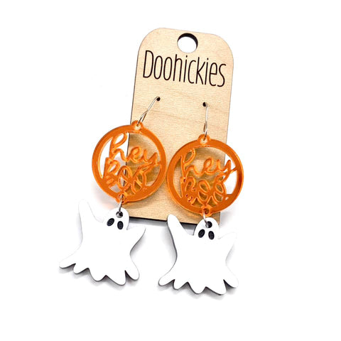 2.4" Hey Boo Acrylic Dangles - Halloween Earrings