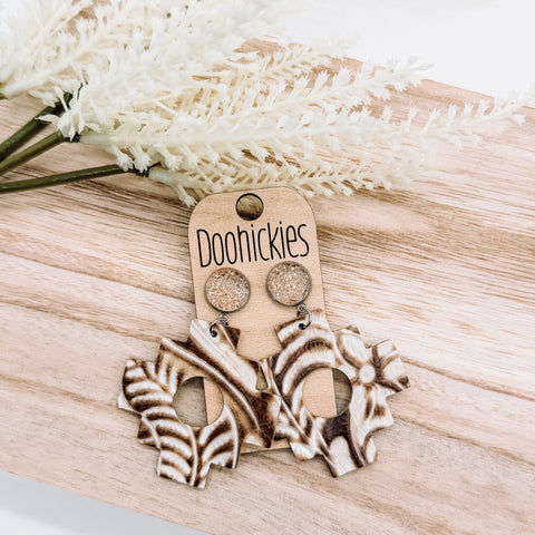 2.5" Champagne & Cream/Bronze Embossed Aztec Dangles - Western Earrings