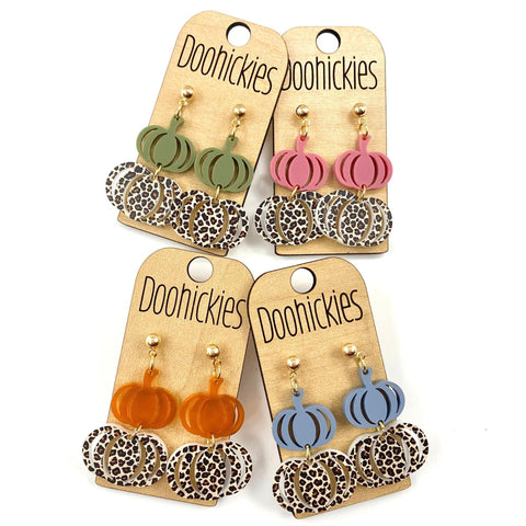 Fall Double Leopard Pumpkin Dangles - Fall Acrylic Earrings