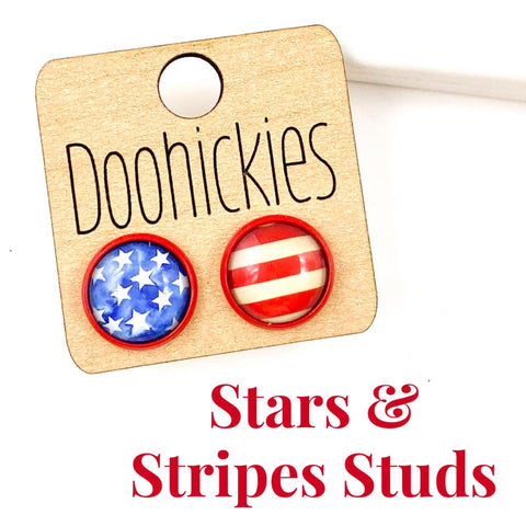 12mm Stars & Stripes in Red Settings - Patriotic Earrings