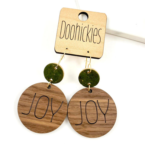 RTS 2.5" Country Christmas GREEN JOY Piggybacks - Wood Dangle Earrings