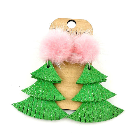 Boujee Pink Puff and Green Sparkle Fringy Tree Dangle Leather Earrings