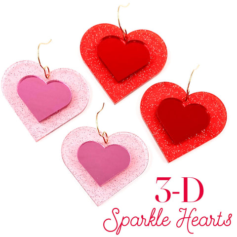 3-D Sparkle Hearts - Valentines Acrylic Earrings