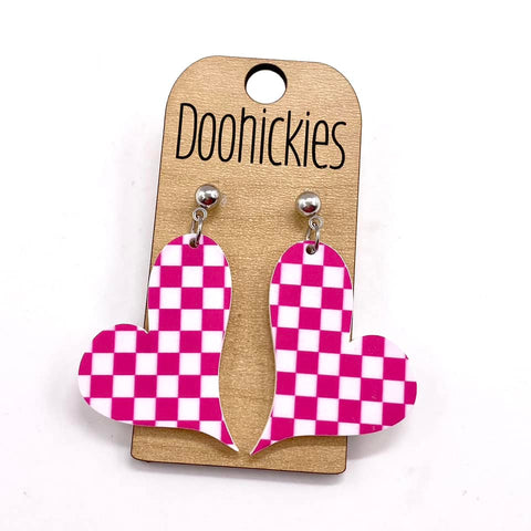 Lil' Pink & White Checkered Swoopy Acrylic Hearts - Valentines Earrings