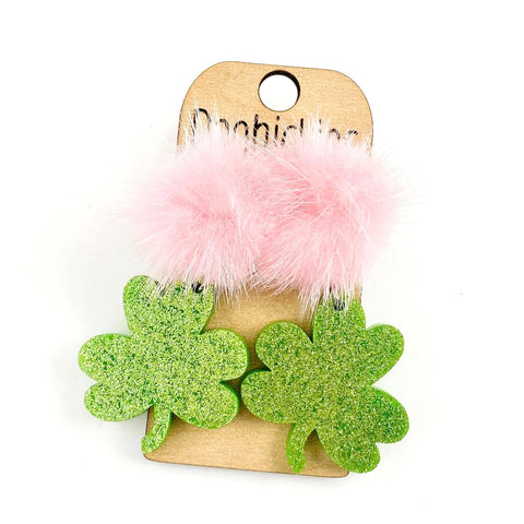 Pink Puff and Lime Green Glitter Hand-Drawn Shamrock Acrylic Earrings - St. Patrick's Earrings