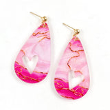 Pink & Gold Swirly Cutout Heart Acrylic Teardrops - Valentines Earrings