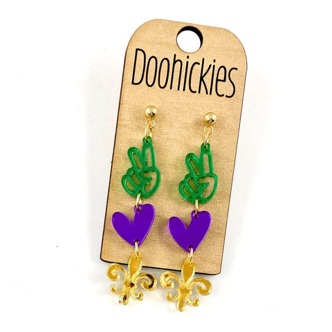 Peace, Love, Mardi Gras Trifecta Acrylic Earrings