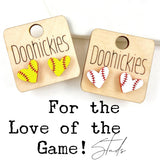 For the Love of the Game Heart Studs - Baseball & Softball Earrings