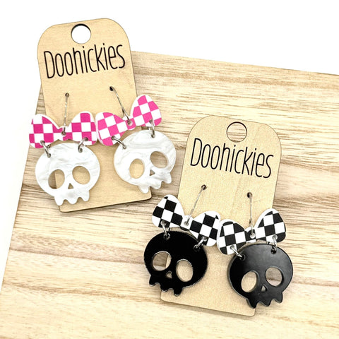 Checkered Bow Skull Dangle Collection - Halloween Earrings