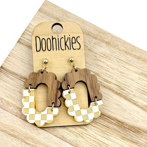 Fall Gold Checkered Walnut Brooklin Acrylic Dangle Earrings