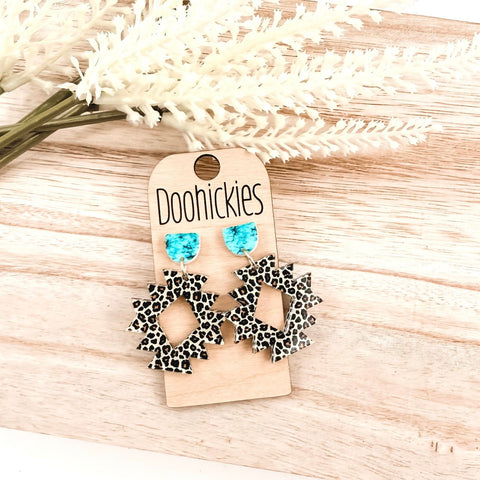Turquoise and Shiny Leopard Aztec Acrylic Dangle Western Earrings
