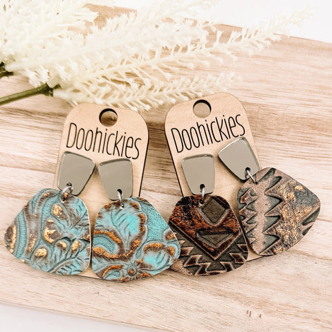 Long Bronze Trapezoid and Embossed Jasmine Collection - Western Earrings