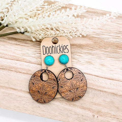 Turquoise and Cherry Wood Etched Ava Dangle Western Earrings