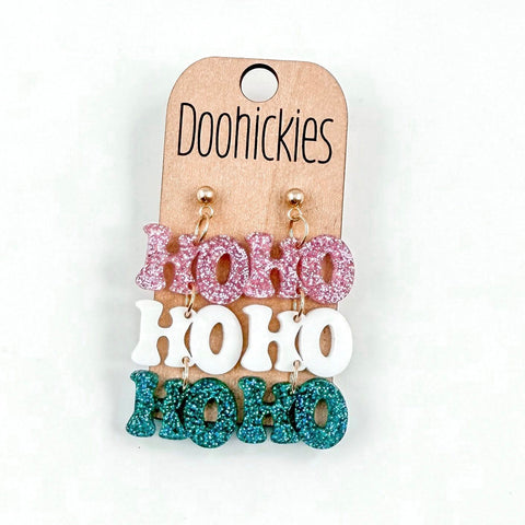 Pink/White/Teal HoHoHo Glitter Dangles - Christmas Acrylic Earrings