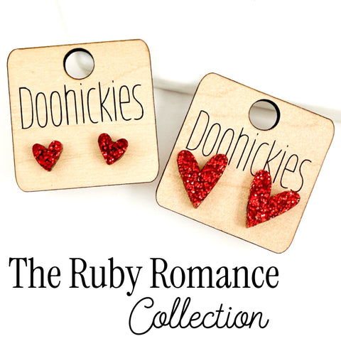 The Ruby Romance Red Glitter Heart Stud Earring Collection - 2 Size Options
