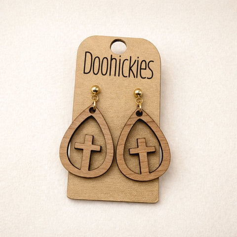 Cross Teardrop Dangle Earrings - Wood Easter Earrings
