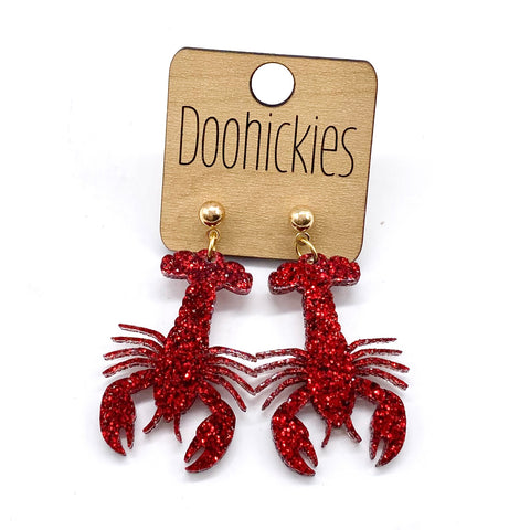 1.75" Red Glitter Crawfish Acrylic Dangles - Mardi Gras Earrings