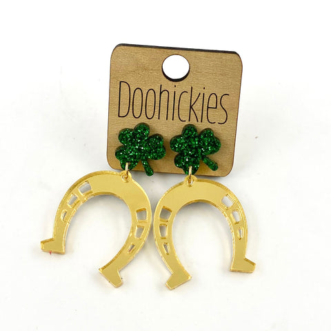 1.75" Lucky Gold Mirror Horseshoe Dangles - St. Paddy Acrylic Earrings