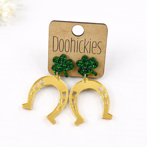 1.75" Lucky Gold Mirror Horseshoe Dangles - St. Paddy Acrylic Earrings