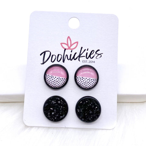 12mm Pink/Black Polka Dots & Black in Black Settings -Earrings