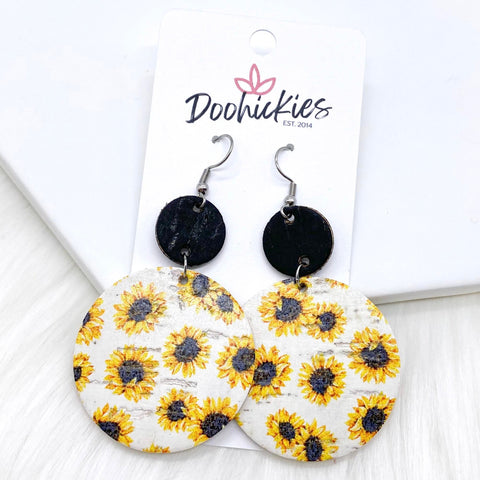 2.5" Black & White Sunflower Piggyback Corkies -Summer Earrings